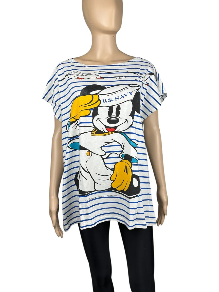 T-shirt Vintage Donna a Righe con stampa Topolino Marinaio