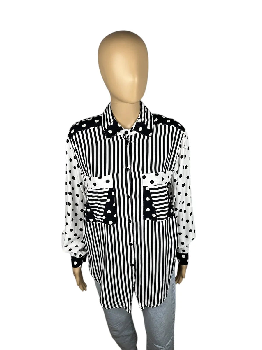 Camicia vintage da donna a righe e pois bianca e nera