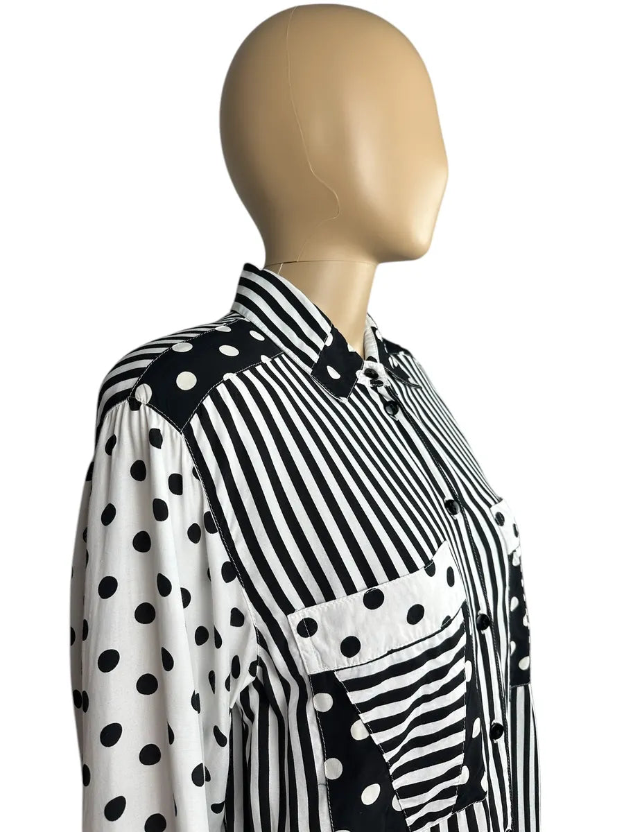 Camicia vintage da donna a righe e pois bianca e nera