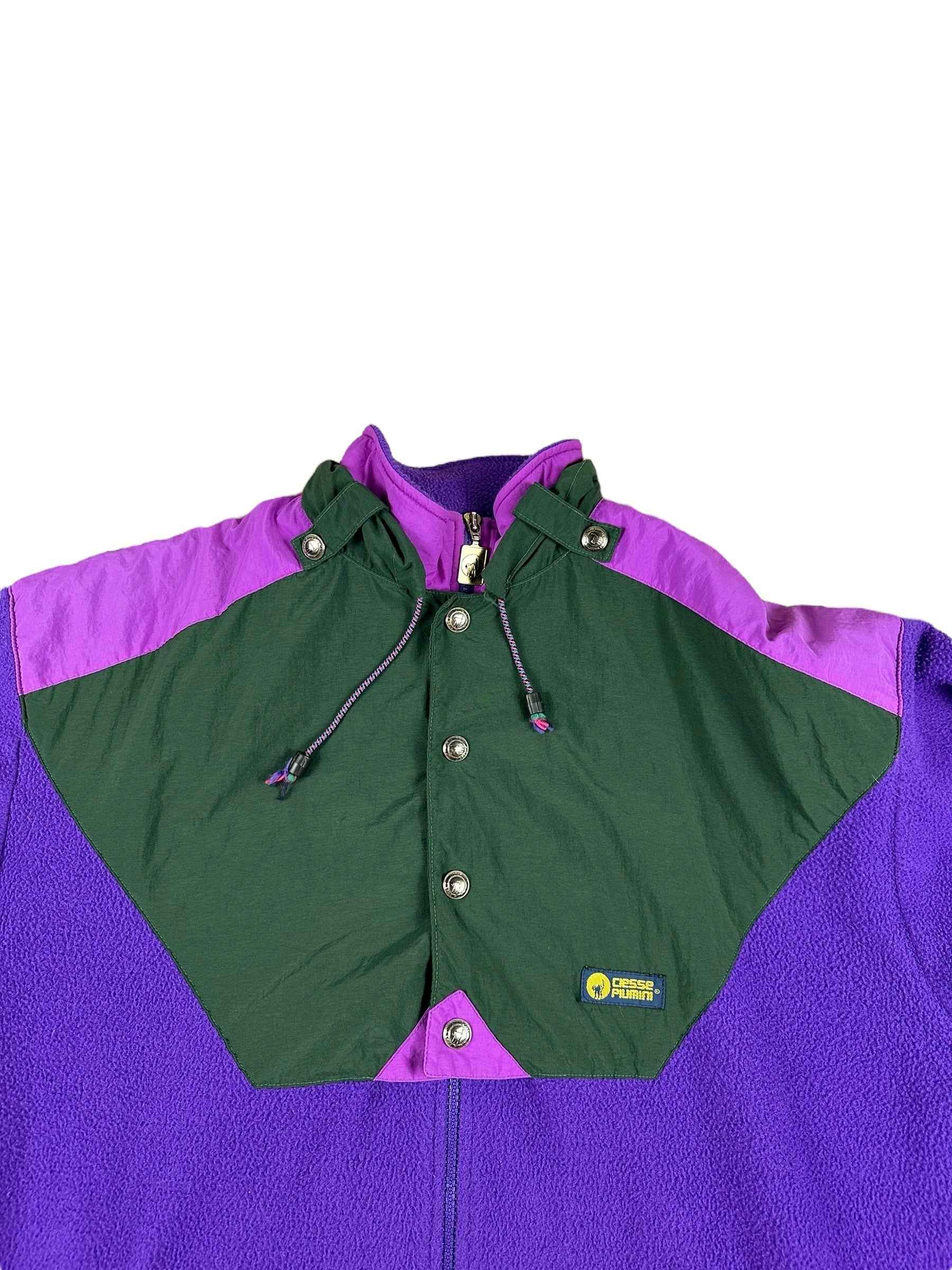 Pile vintage Ciesse Piumini viola e verde con cappuccio a scomparsa