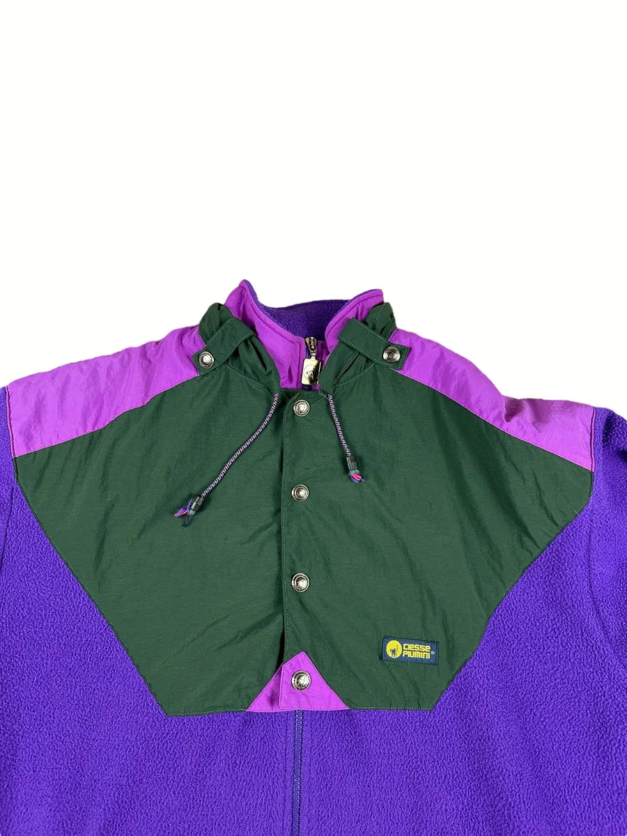 Pile vintage Ciesse Piumini viola e verde con cappuccio a scomparsa