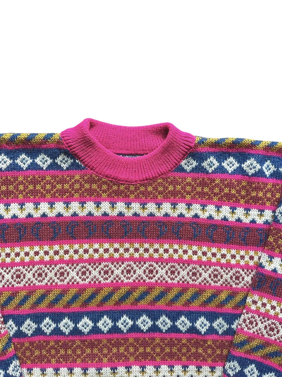 Maglione rosa vintage anni '90 da donna a fantasia geometrica