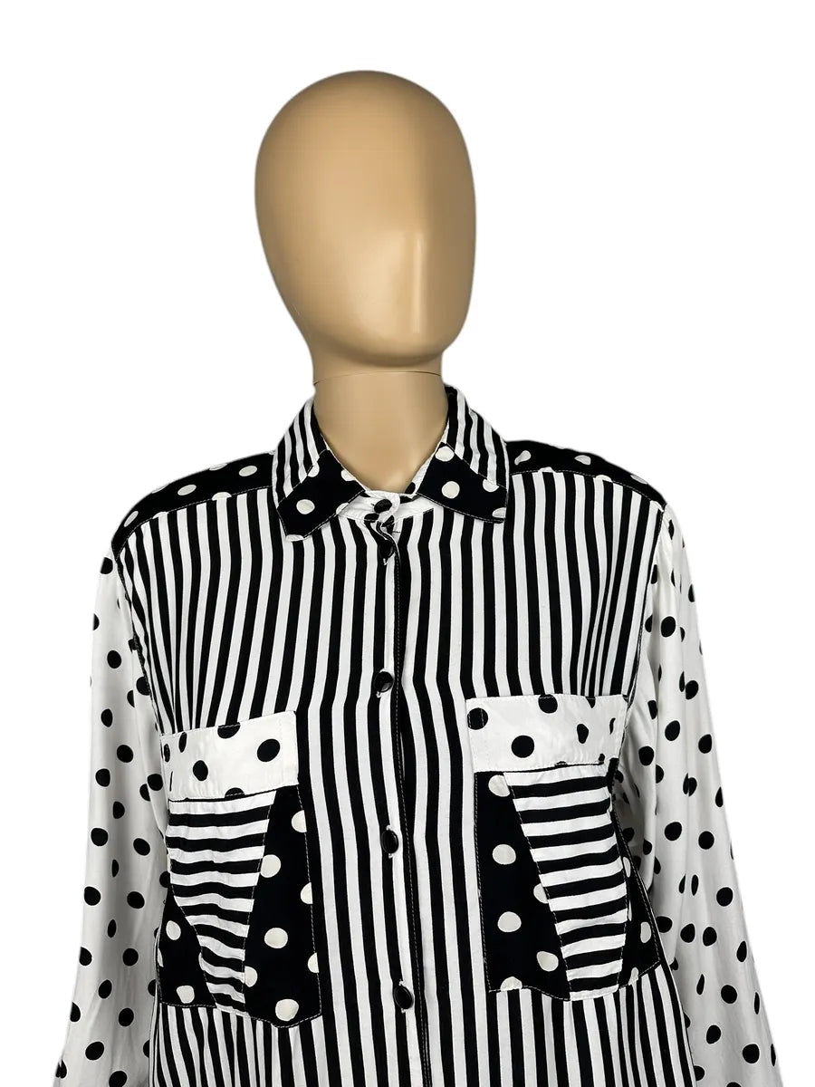 Camicia vintage da donna a righe e pois bianca e nera
