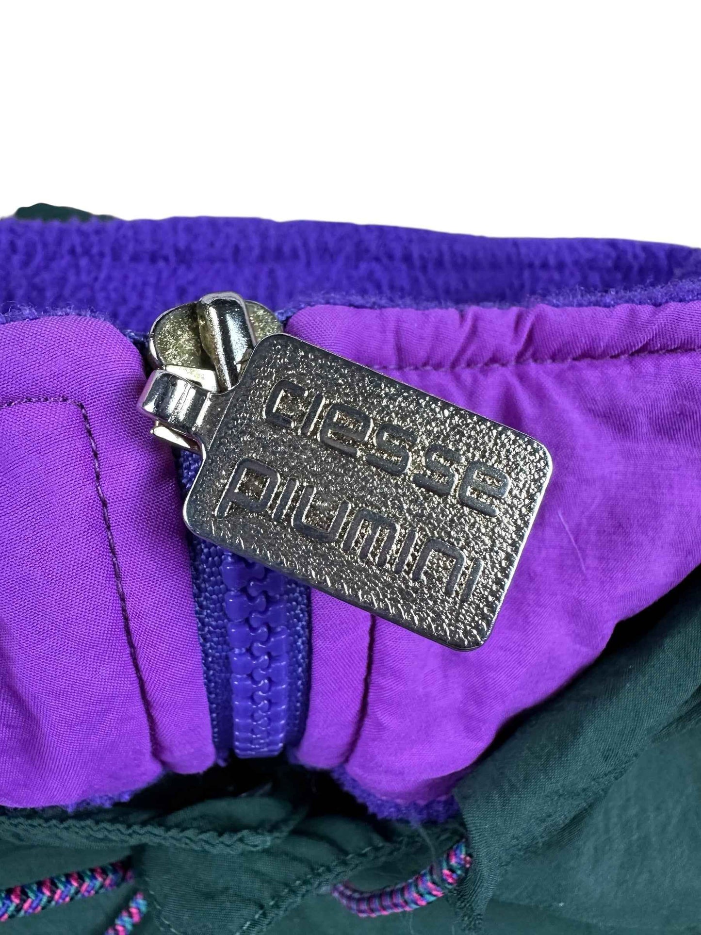 Pile vintage Ciesse Piumini viola e verde con cappuccio a scomparsa