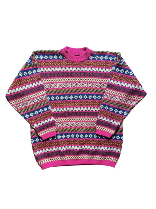 Maglione rosa vintage anni '90 da donna a fantasia geometrica