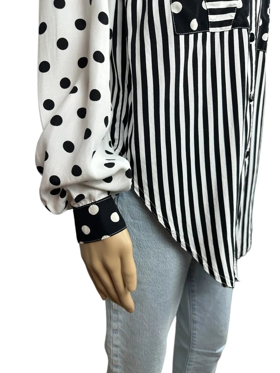 Camicia vintage da donna a righe e pois bianca e nera