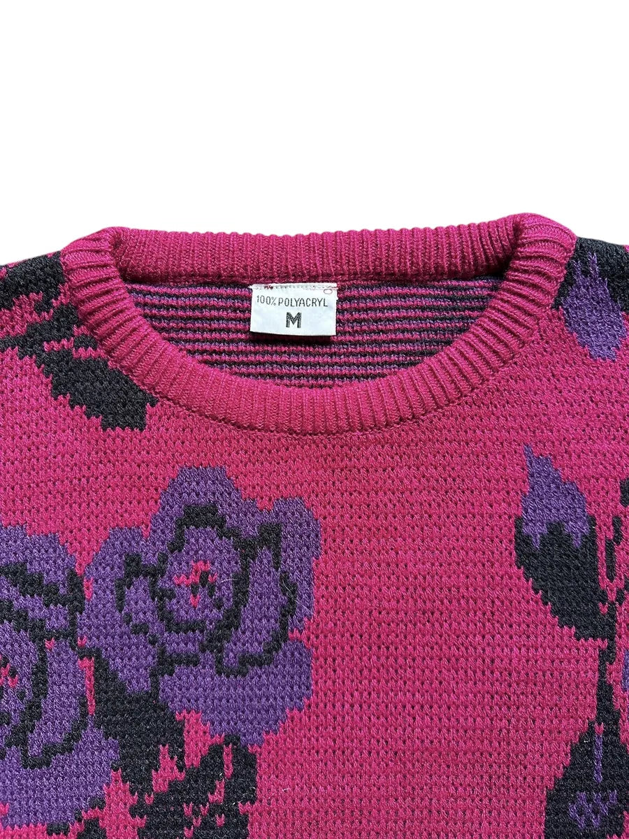 Maglione vintage da donna fucsia scuro con rose viola