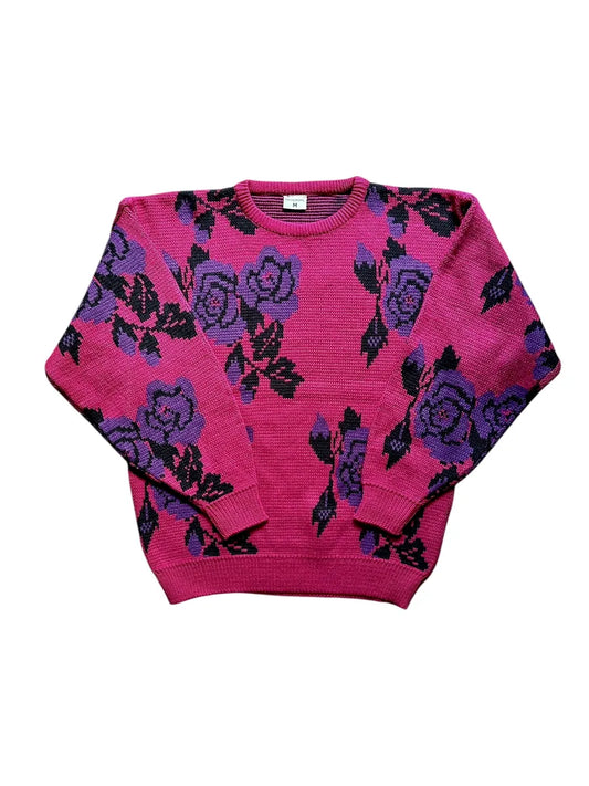 Maglione vintage da donna fucsia scuro con rose viola