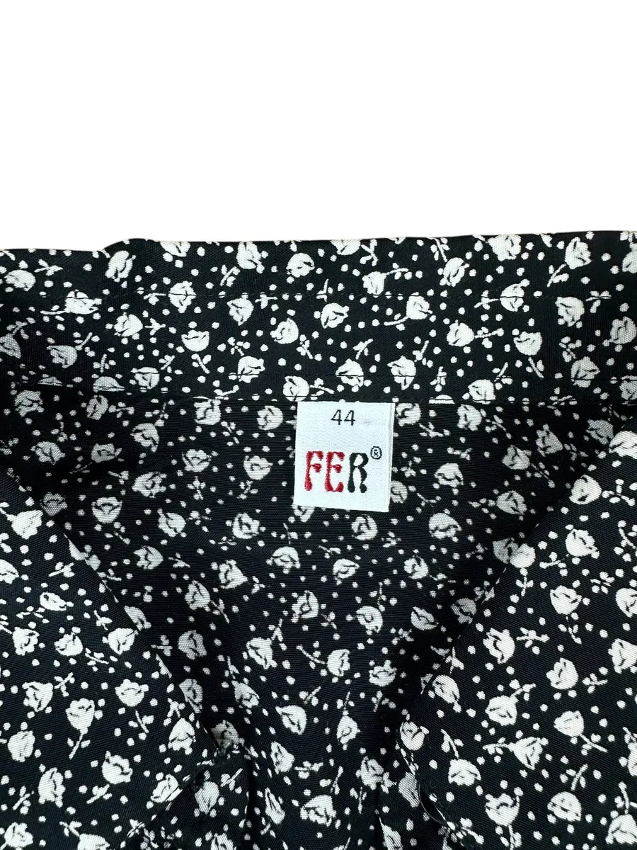 Camicia vintage da donna nera a fiorellini bianchi