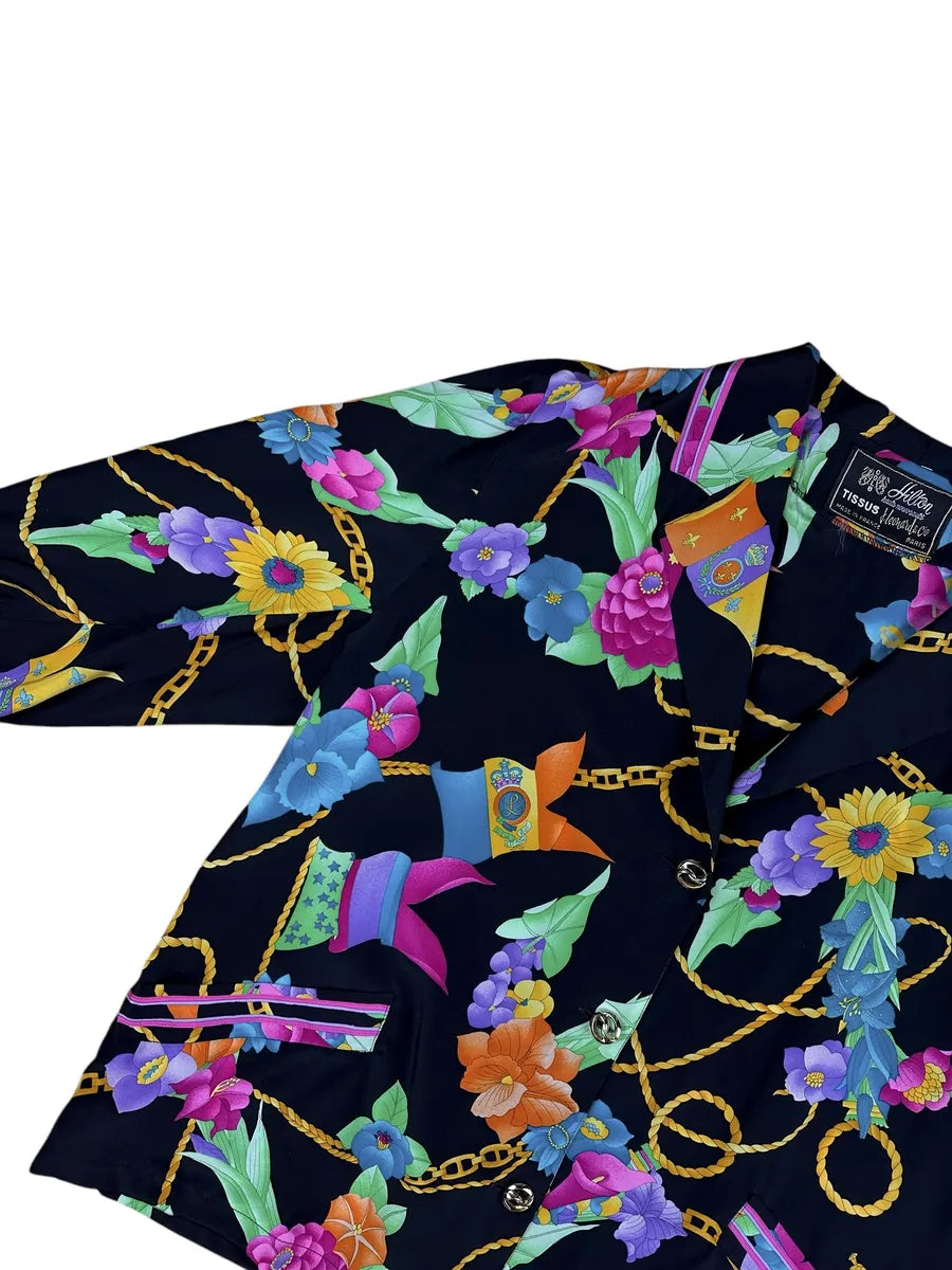 Camicia da donna vintage nera a fantasia