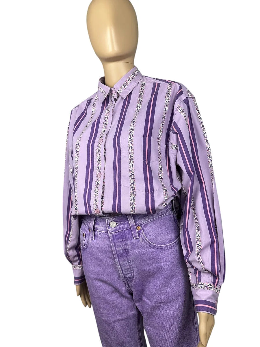 Camicia vintage da donna a righe con fantasia floreale