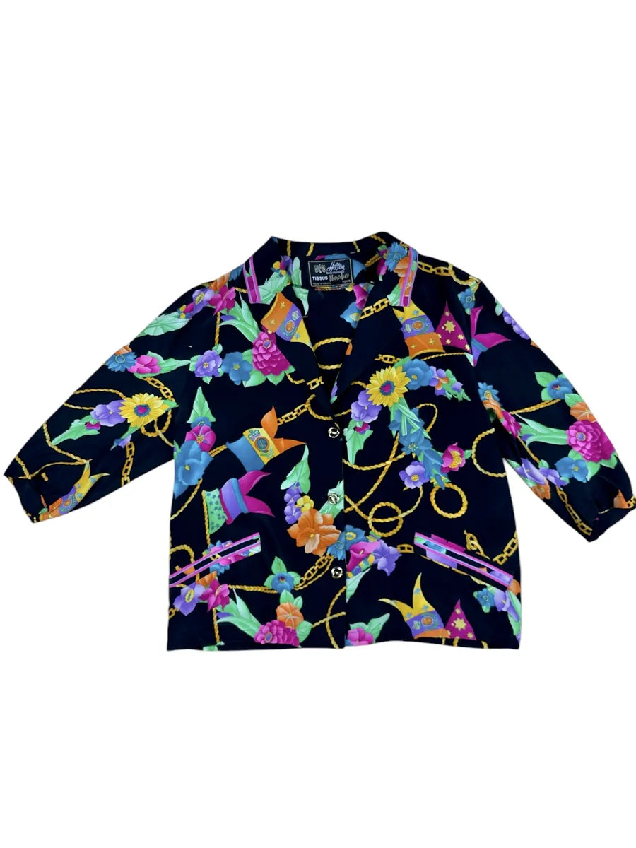 Camicia da donna vintage nera a fantasia