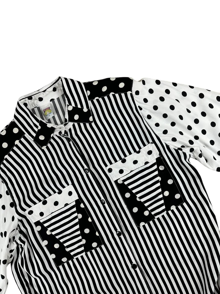 Camicia vintage da donna a righe e pois bianca e nera