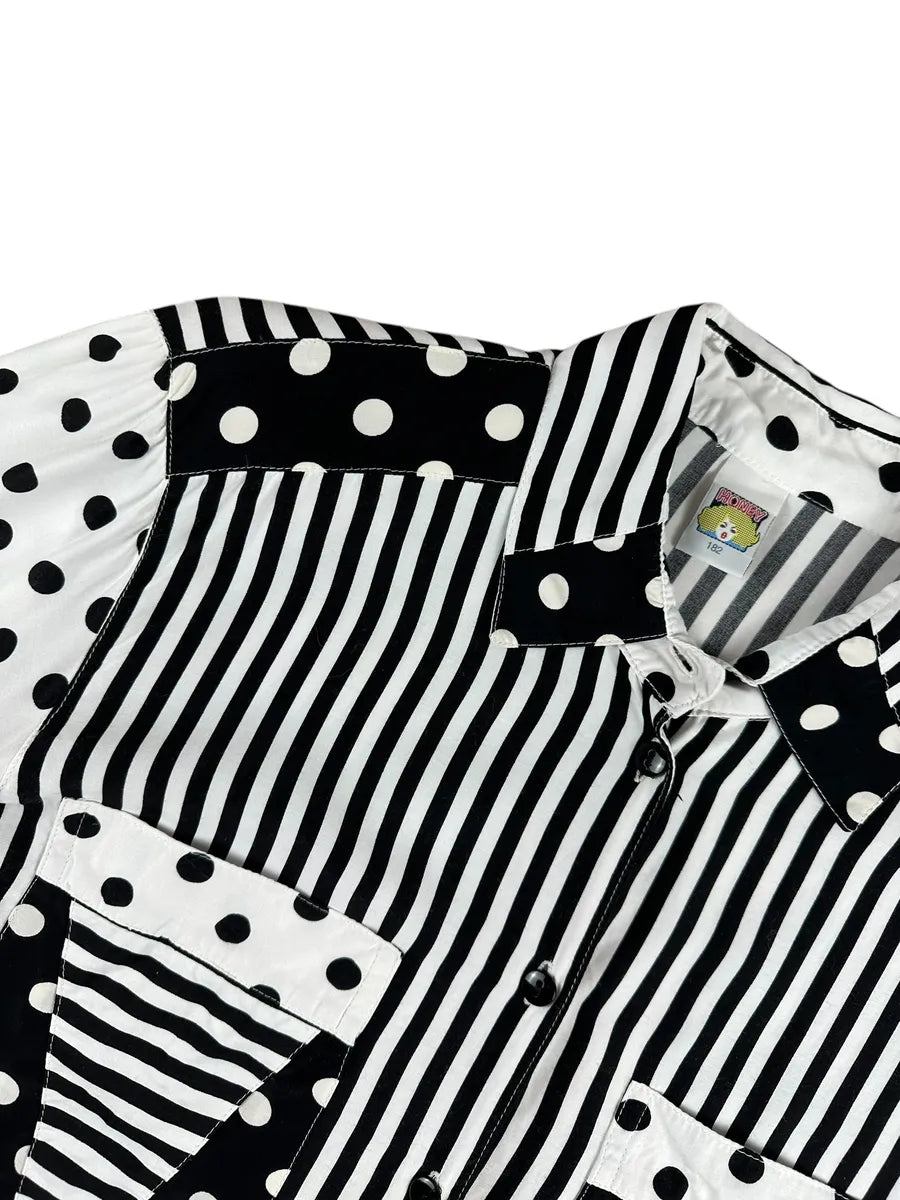 Camicia vintage da donna a righe e pois bianca e nera