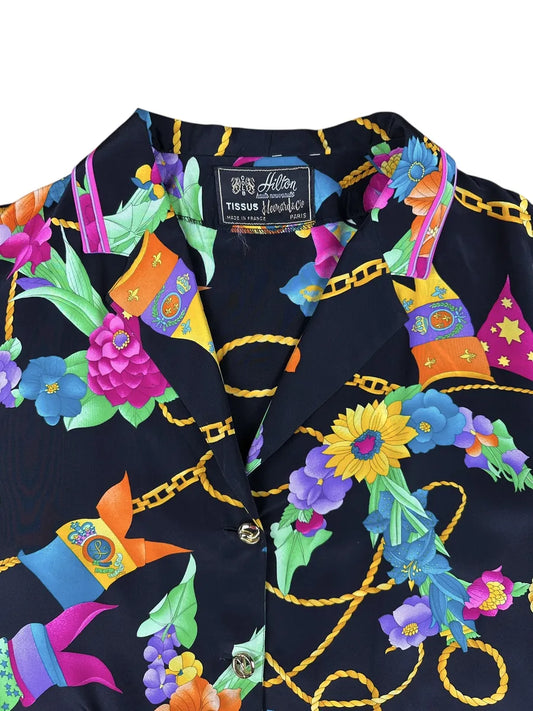 Camicia da donna vintage nera a fantasia