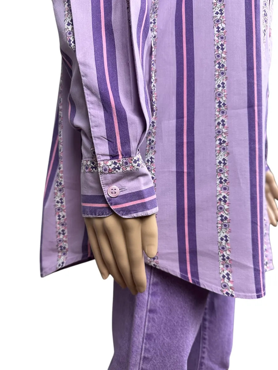 Camicia vintage da donna a righe con fantasia floreale
