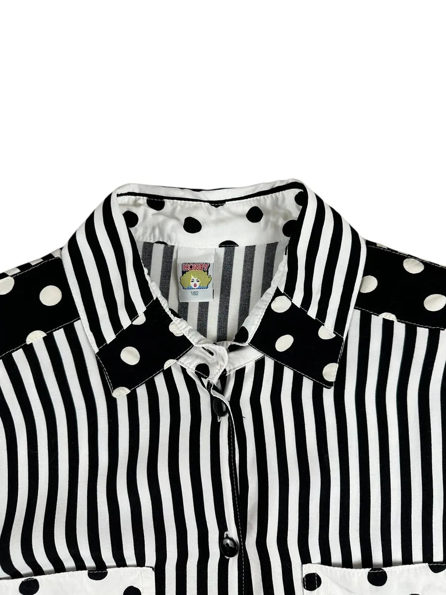 Camicia vintage da donna a righe e pois bianca e nera