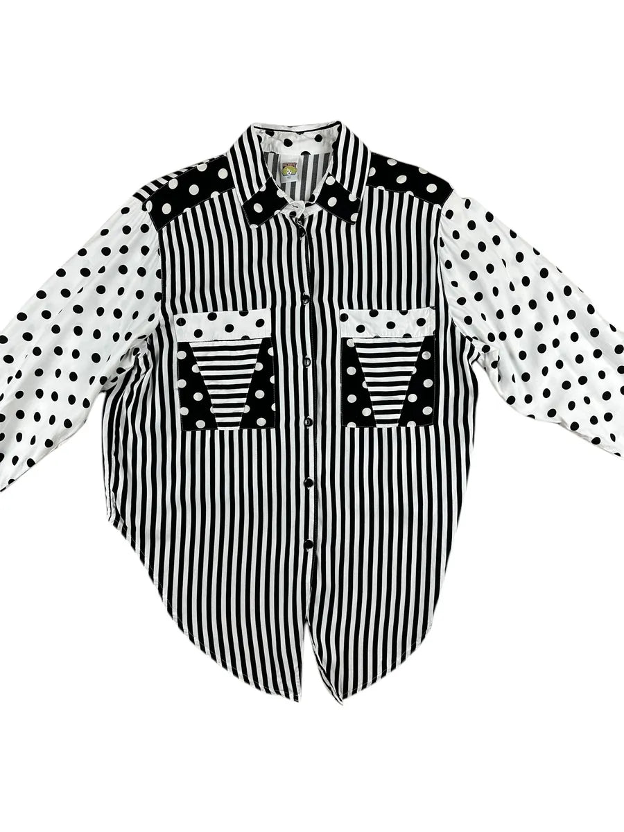 Camicia vintage da donna a righe e pois bianca e nera