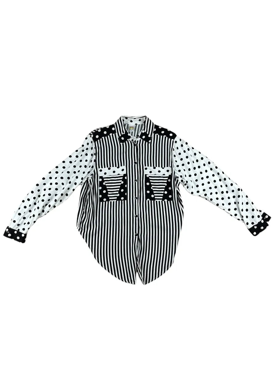 Camicia vintage da donna a righe e pois bianca e nera