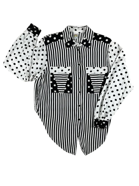 Camicia vintage da donna a righe e pois bianca e nera