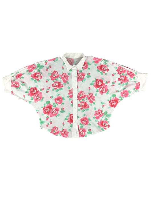 Camicia bianca vintage da donna a maniche corte con fantasia floreale