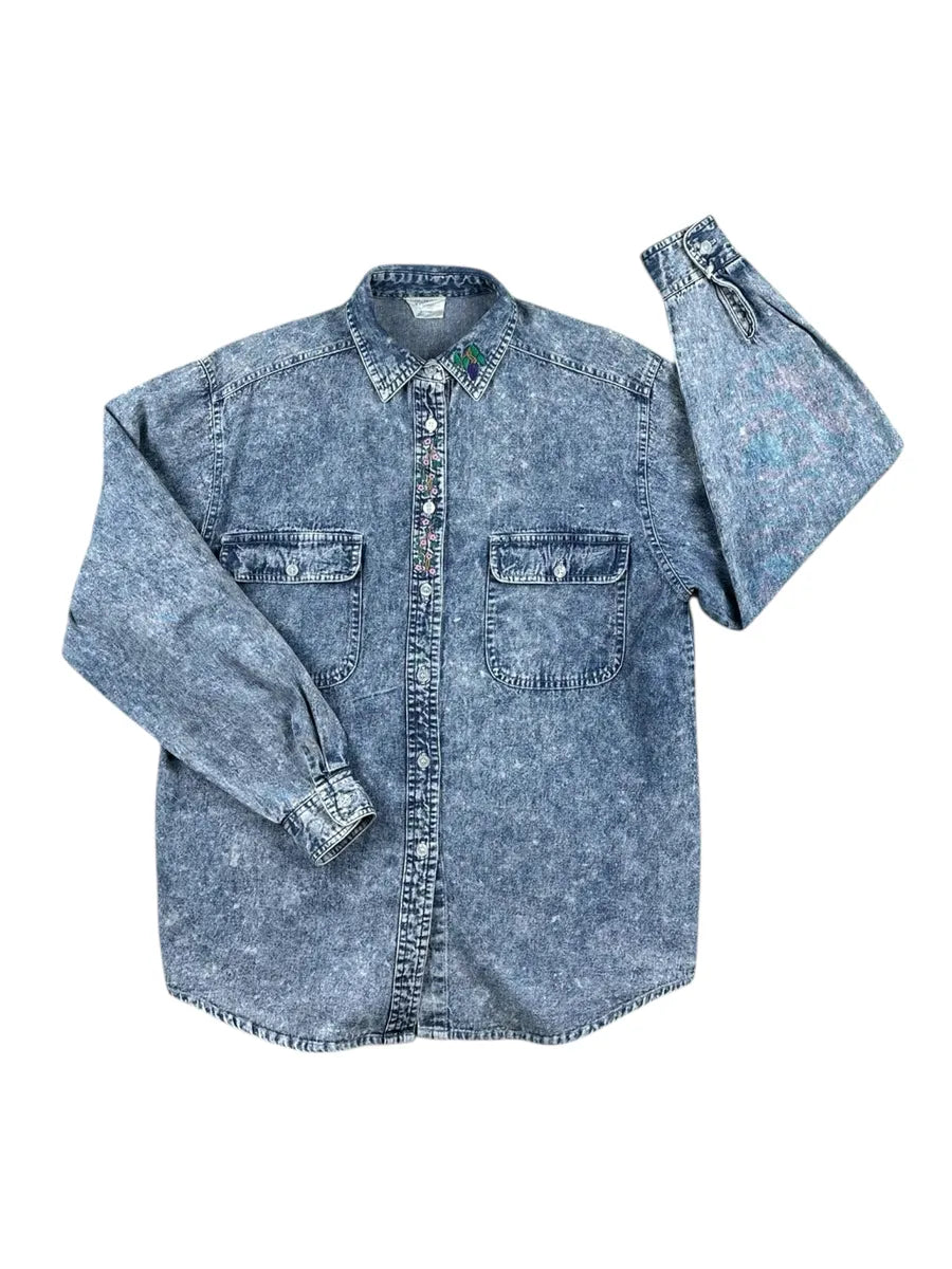 Camicia jeans vintage da donna con ricamo