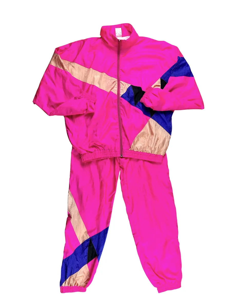 Tuta vintage anni ’80 rosa fluo color block – Set completo Giacca e Pantaloni