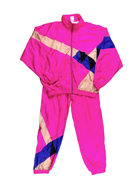 Tuta vintage anni ’80 rosa fluo color block – Set completo Giacca e Pantaloni