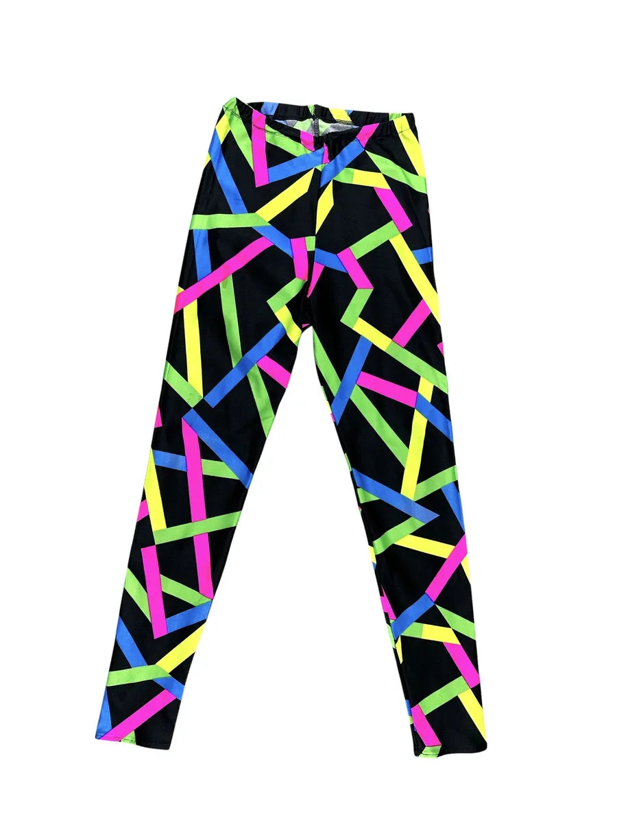 Black vintage leggings with fluo geometric stripe graphic