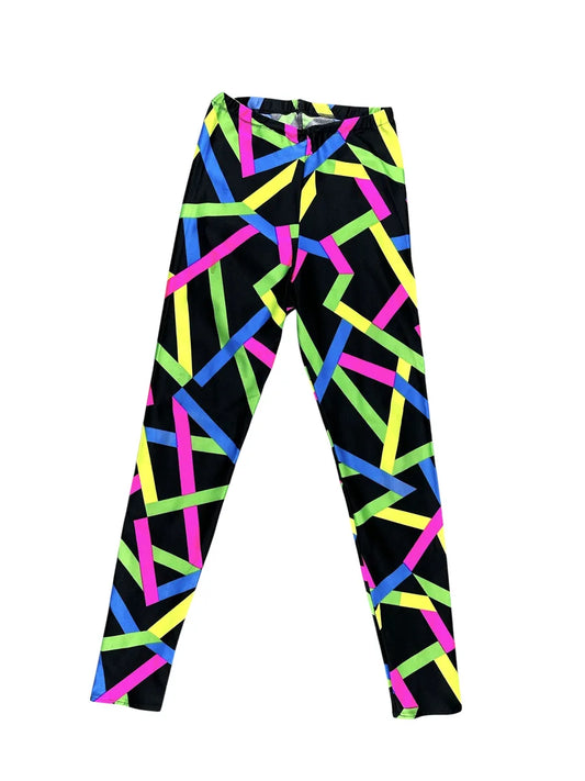 Leggings vintage neri con grafica geometrica a righe fluo
