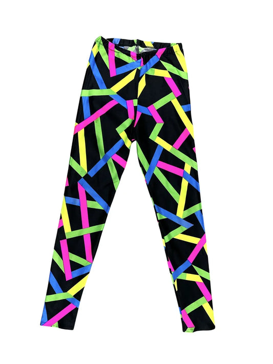 Leggings vintage neri con grafica geometrica a righe fluo