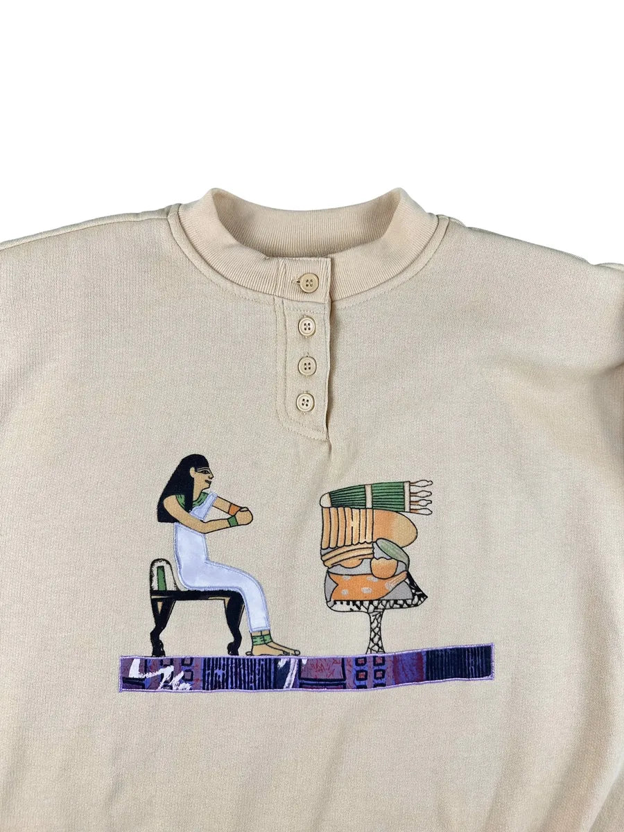 Cream yellow vintage Henley sweatshirt with embroidery