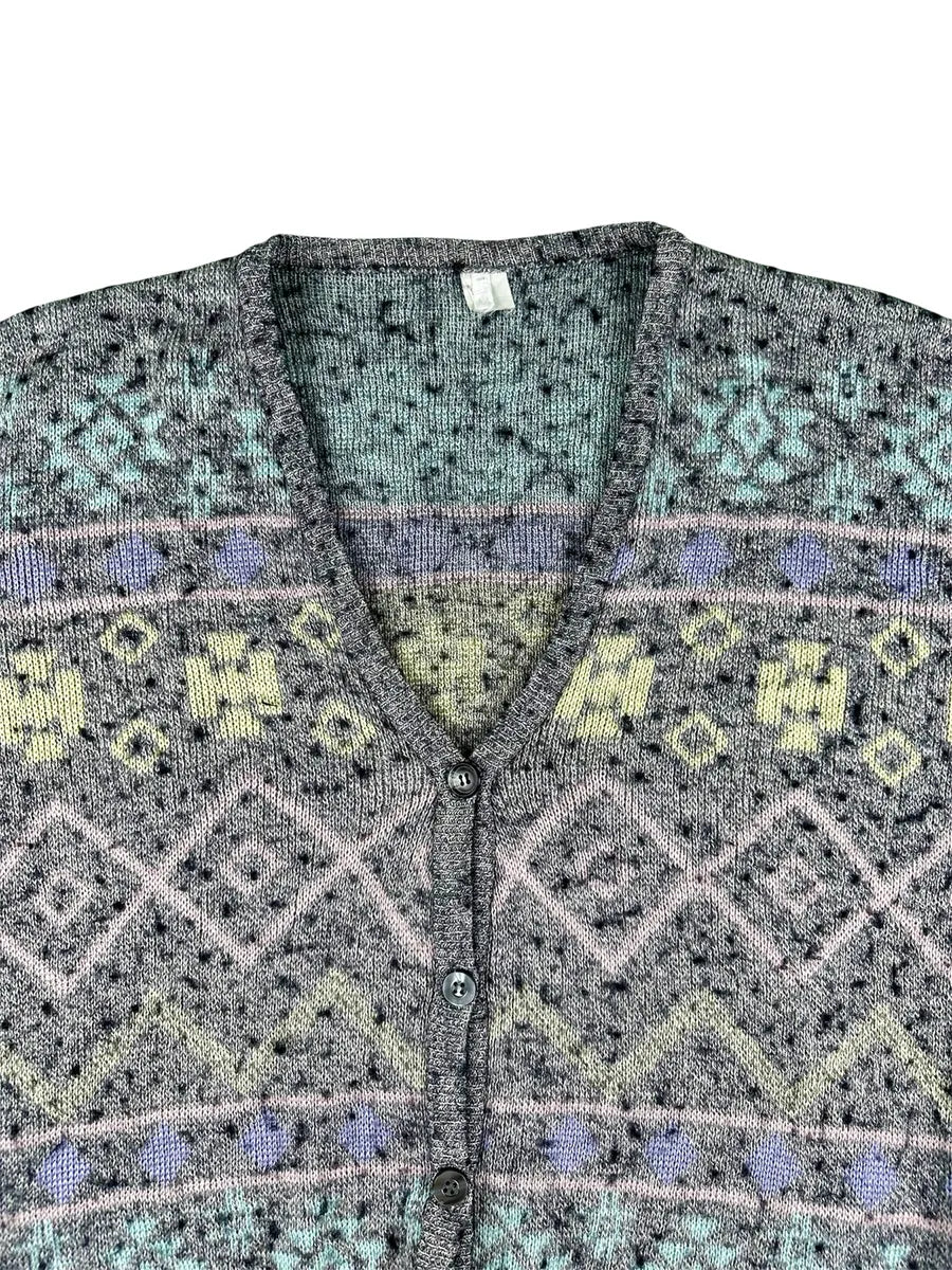 Cardigan Unisex Vintage Geometrico Grigio Melange e Toni Pastello - abbigliamento e vestiti vintage