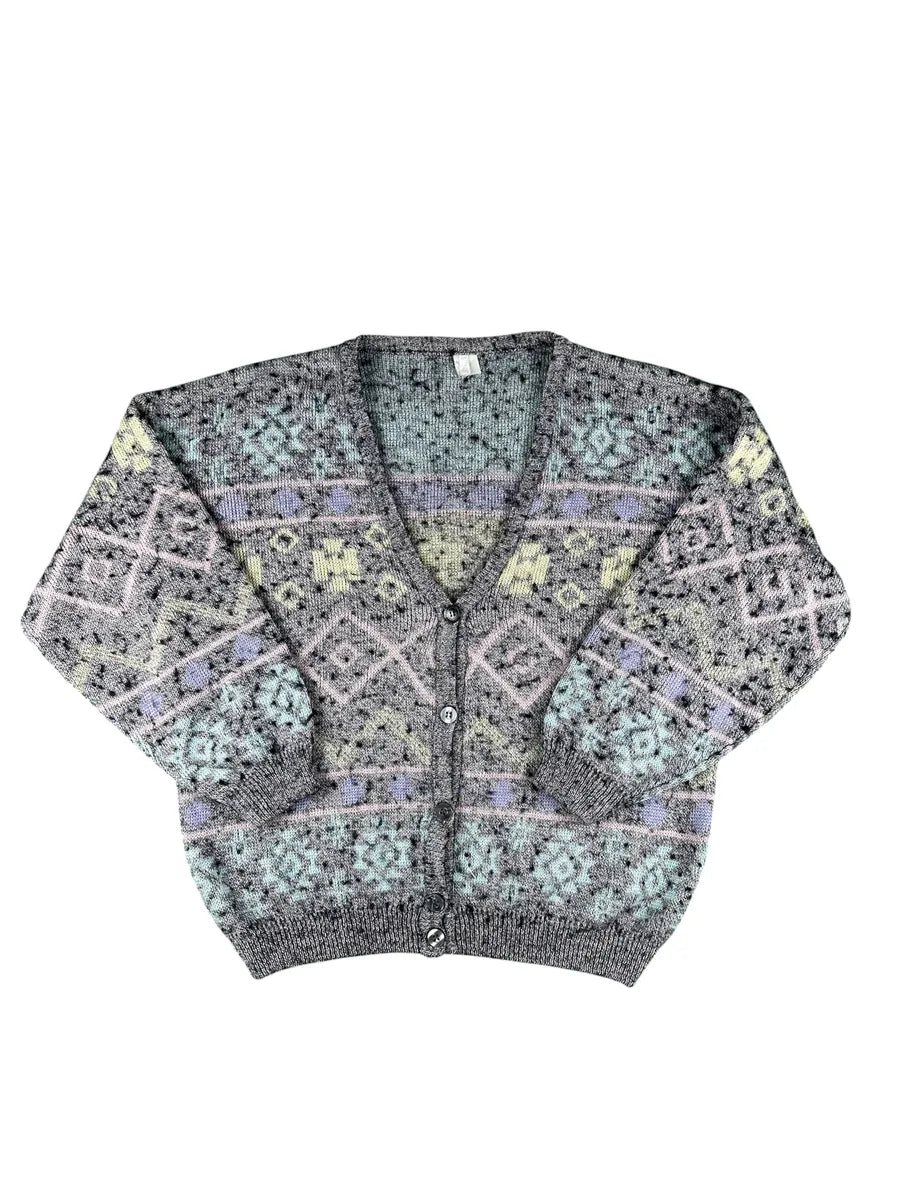 Cardigan Unisex Vintage Geometrico Grigio Melange e Toni Pastello - abbigliamento e vestiti vintage