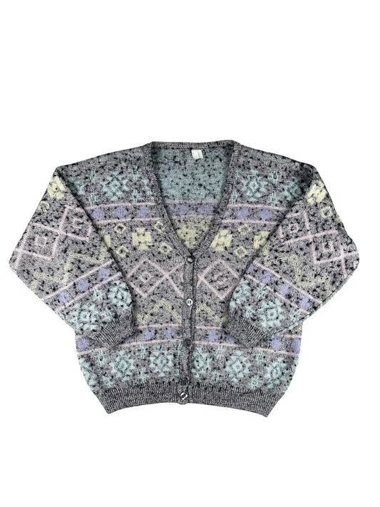 Cardigan Unisex Vintage Geometrico Grigio Melange e Toni Pastello - abbigliamento e vestiti vintage