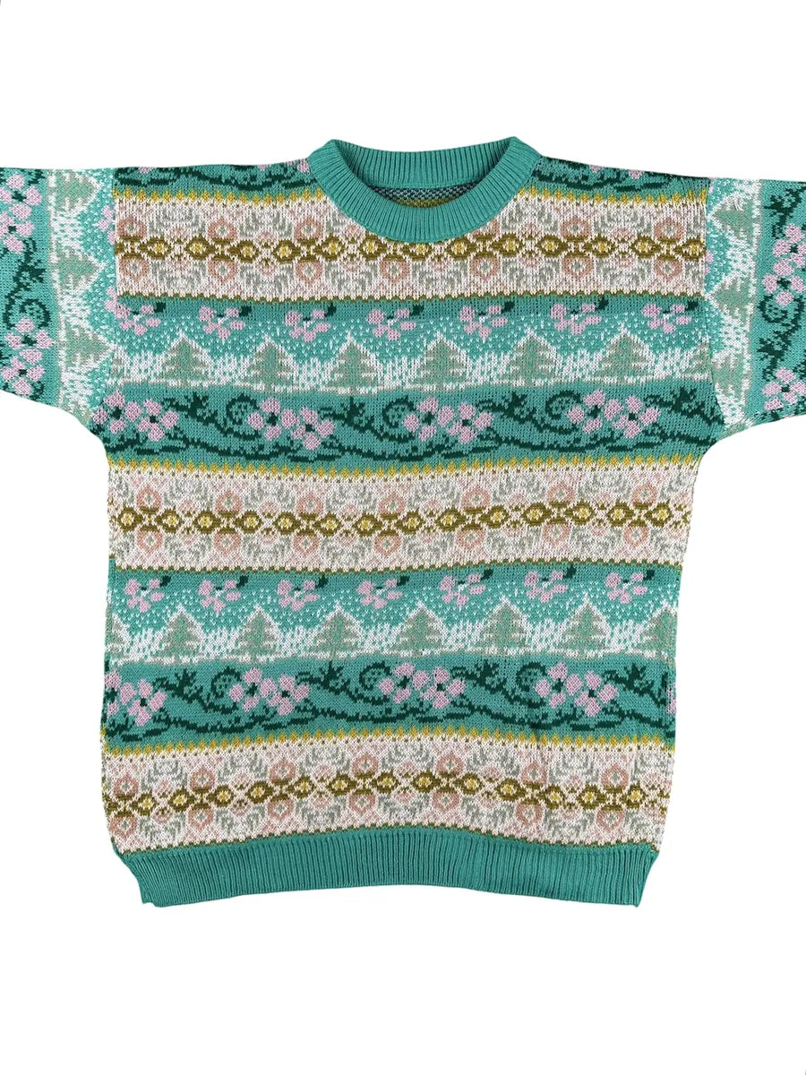 Maglione Vintage Girocollo da Donna a Fantasia Jacquard e Motivi Floreali Verde e Rosa - abbigliamento e vestiti vintage