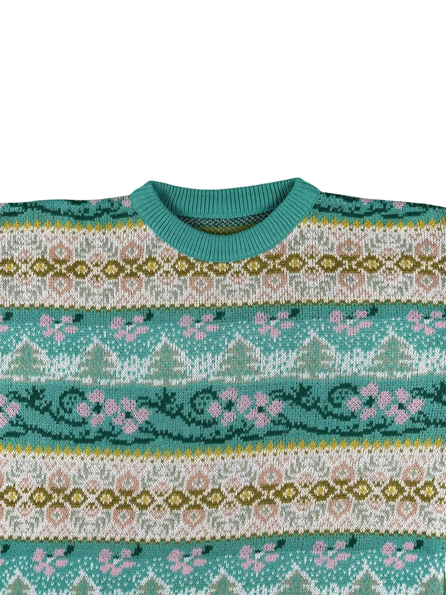 Maglione Vintage Girocollo da Donna a Fantasia Jacquard e Motivi Floreali Verde e Rosa - abbigliamento e vestiti vintage
