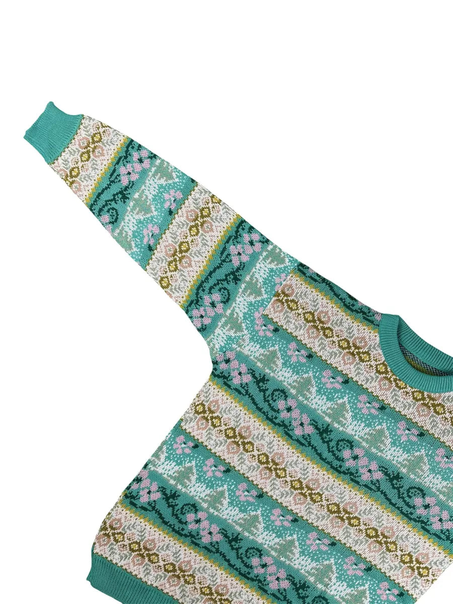 Maglione Vintage Girocollo da Donna a Fantasia Jacquard e Motivi Floreali Verde e Rosa - abbigliamento e vestiti vintage