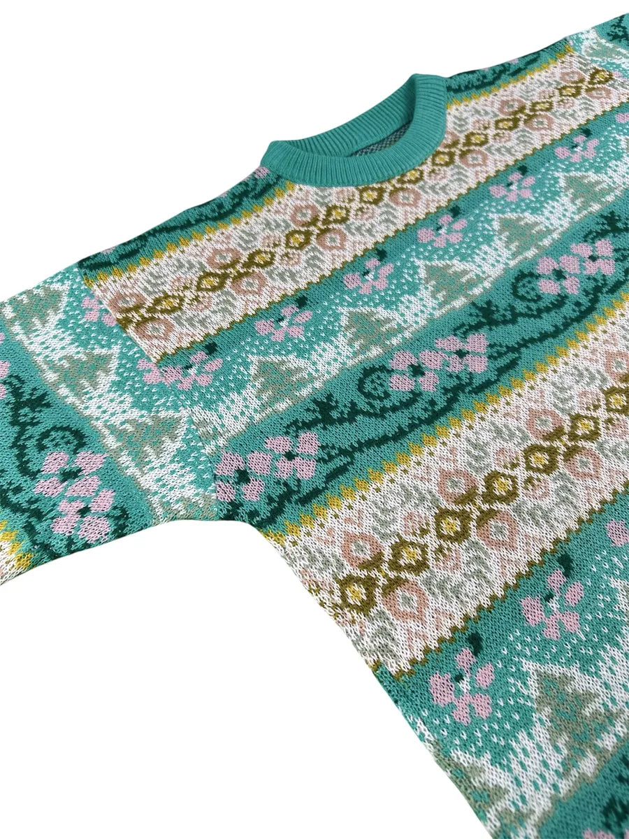 Maglione Vintage Girocollo da Donna a Fantasia Jacquard e Motivi Floreali Verde e Rosa - abbigliamento e vestiti vintage