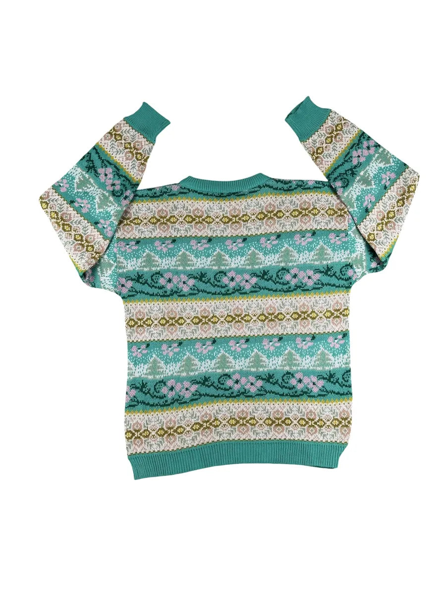 Maglione Vintage Girocollo da Donna a Fantasia Jacquard e Motivi Floreali Verde e Rosa - abbigliamento e vestiti vintage