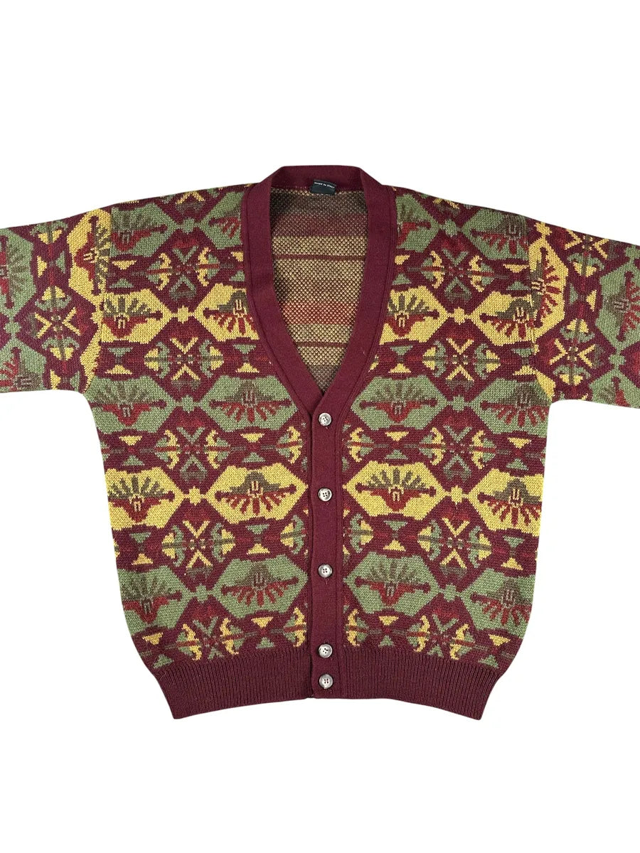 Cardigan Unisex Vintage Geometrico Maglificio Mapier Bordeaux e Verde - abbigliamento e vestiti vintage