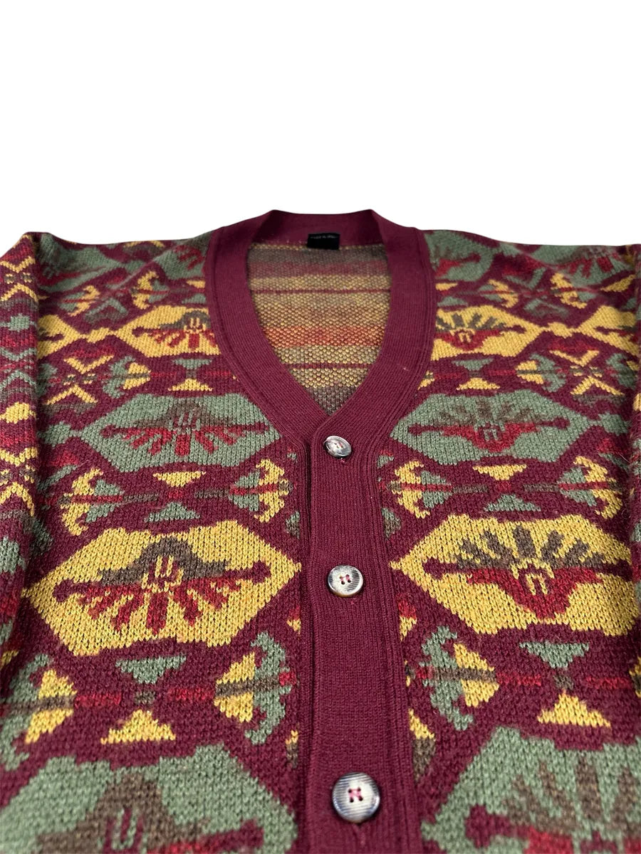 Cardigan Unisex Vintage Geometrico Maglificio Mapier Bordeaux e Verde - abbigliamento e vestiti vintage