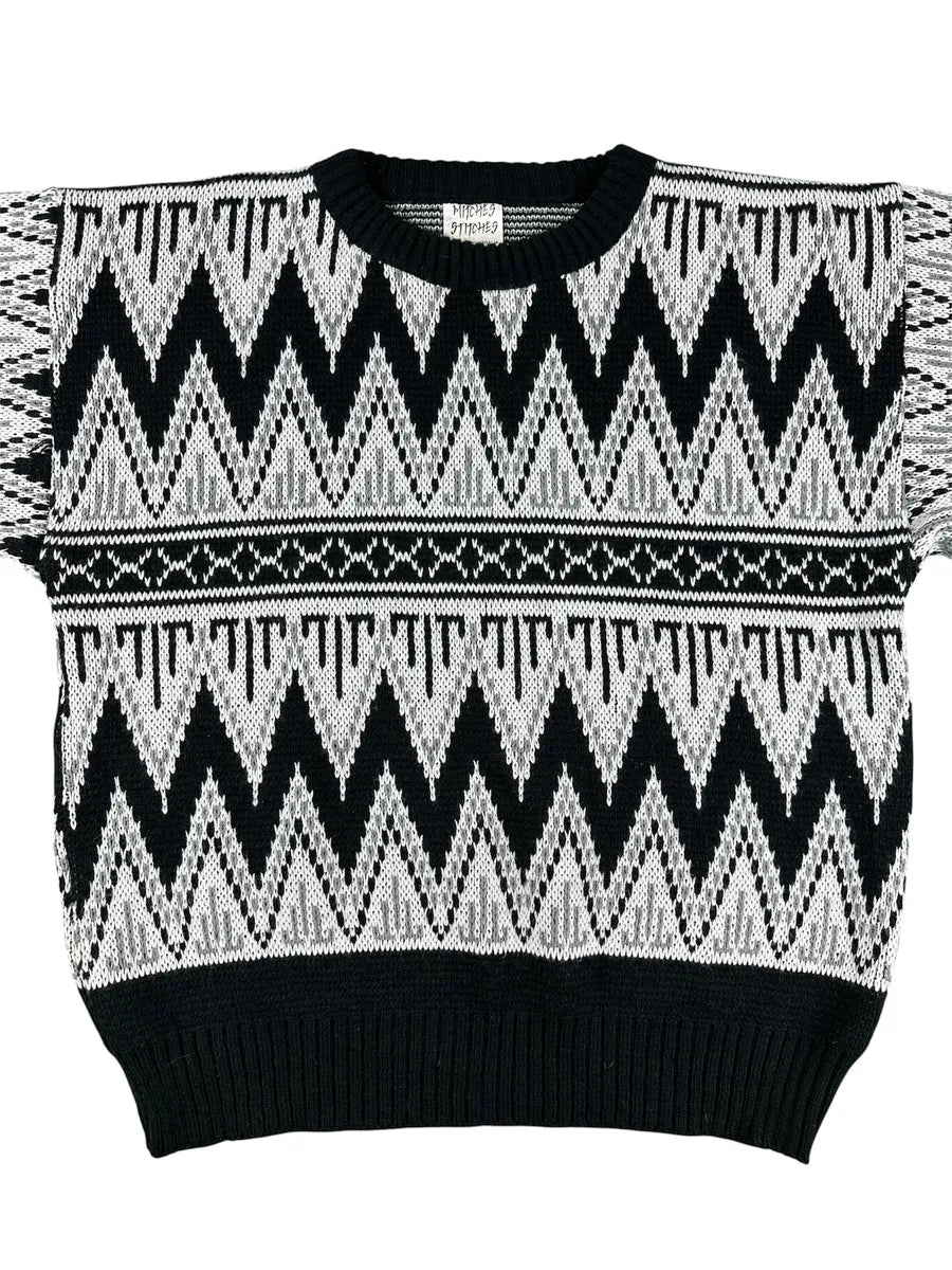 Maglione Vintage da Donna Mitches Stitches Pattern Geometrico – Nero, Grigio e Bianco - abbigliamento e vestiti vintage