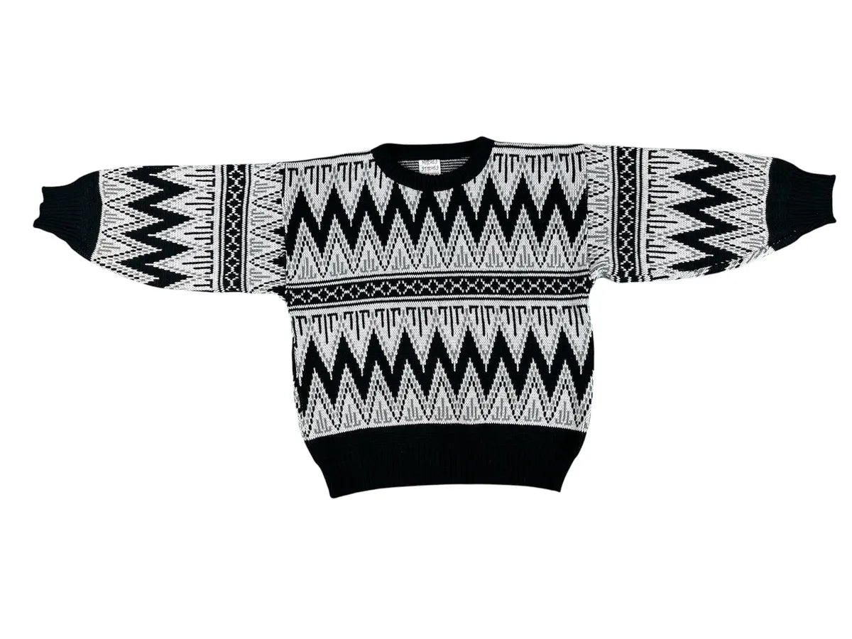 Maglione Vintage da Donna Mitches Stitches Pattern Geometrico – Nero, Grigio e Bianco - abbigliamento e vestiti vintage