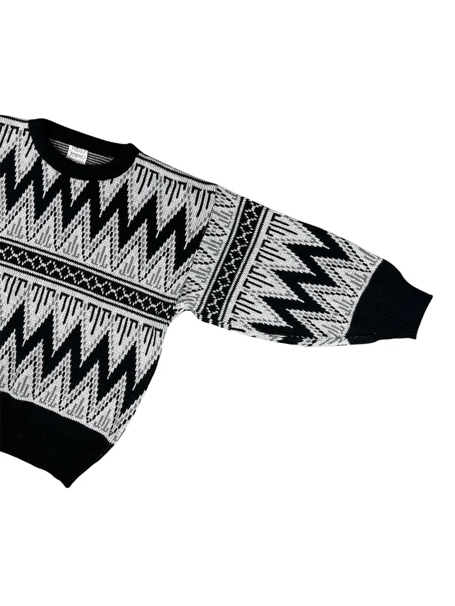 Maglione Vintage da Donna Mitches Stitches Pattern Geometrico – Nero, Grigio e Bianco - abbigliamento e vestiti vintage