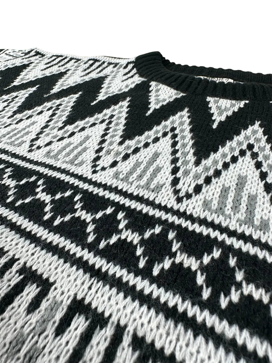 Maglione Vintage da Donna Mitches Stitches Pattern Geometrico – Nero, Grigio e Bianco - abbigliamento e vestiti vintage