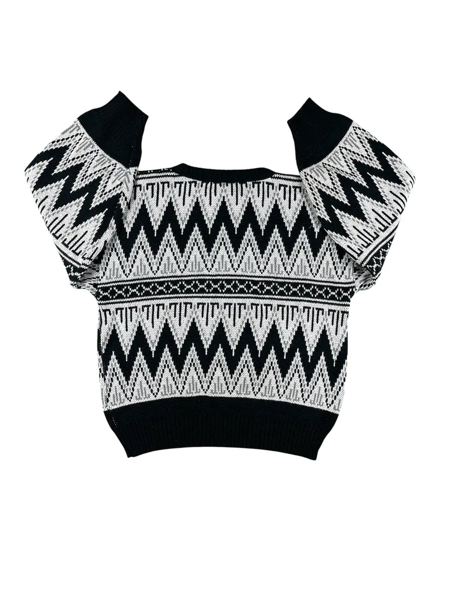 Maglione Vintage da Donna Mitches Stitches Pattern Geometrico – Nero, Grigio e Bianco - abbigliamento e vestiti vintage