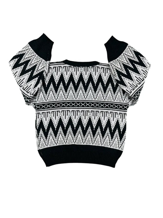 Maglione Vintage da Donna Mitches Stitches Pattern Geometrico – Nero, Grigio e Bianco - abbigliamento e vestiti vintage
