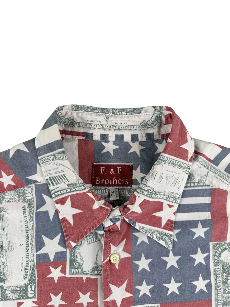 Camicia Vintage Uomo F. & F. Brothers Bandiera Americana e Dollari XL - abbigliamento e vestiti vintage