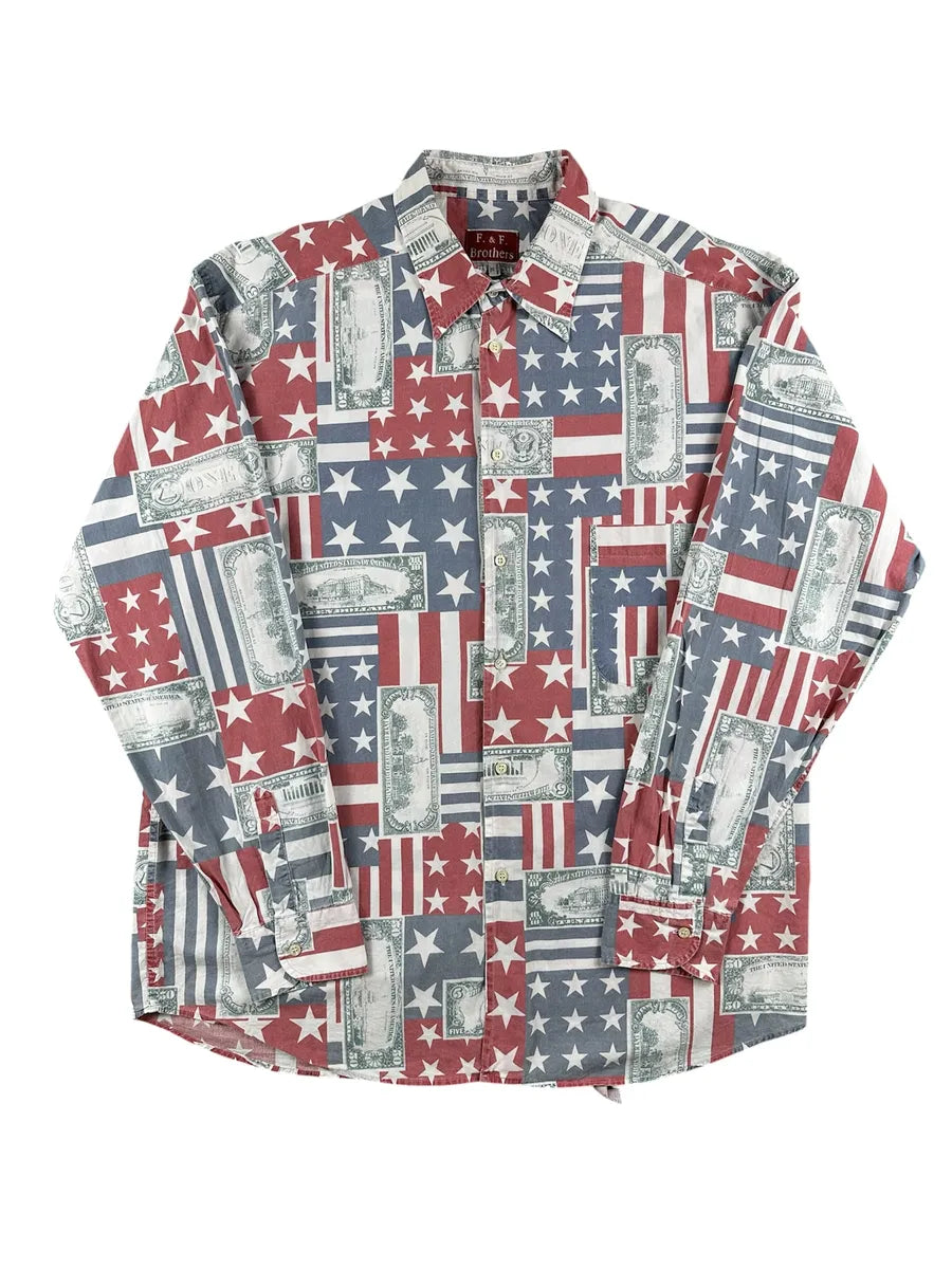 Camicia Vintage Uomo F. & F. Brothers Bandiera Americana e Dollari XL - abbigliamento e vestiti vintage